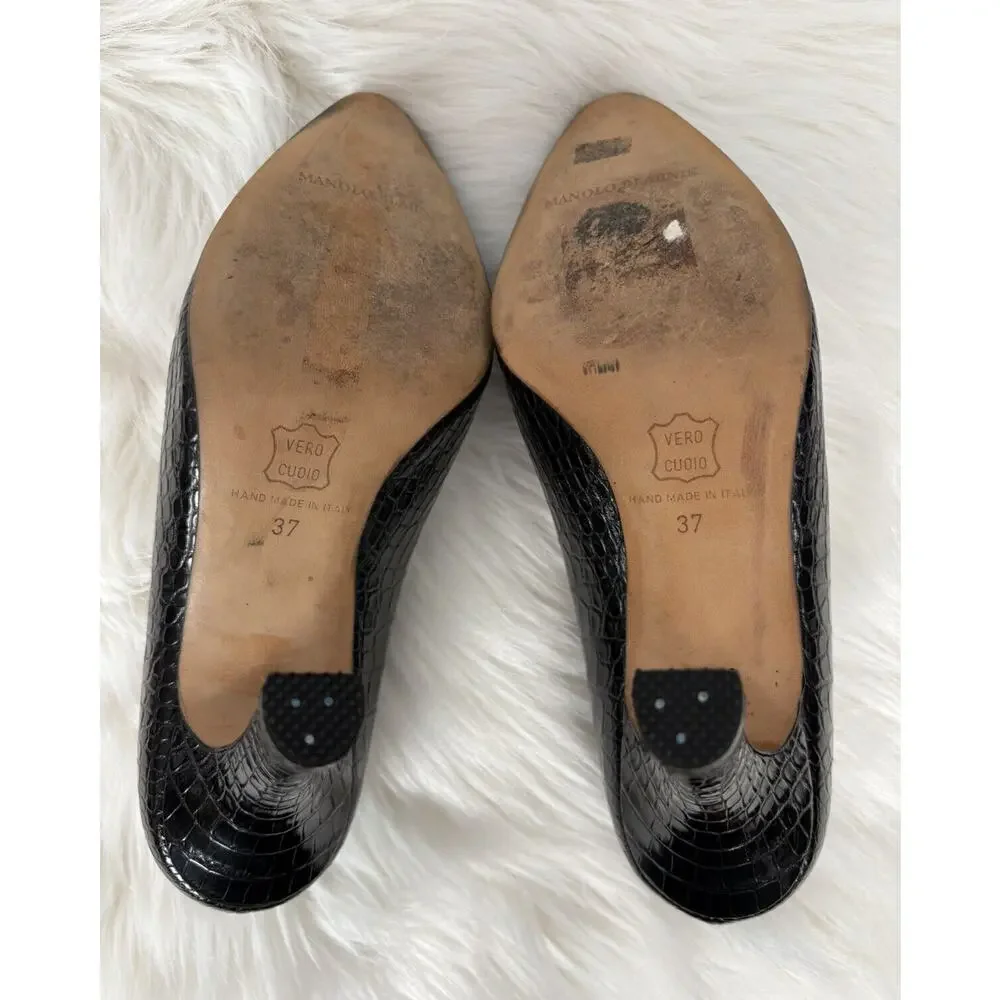 Manolo Blahnik Stiletto Pointed Toe Pumps Black Alligator Crocodile Size 37 - Picture 10 of 10